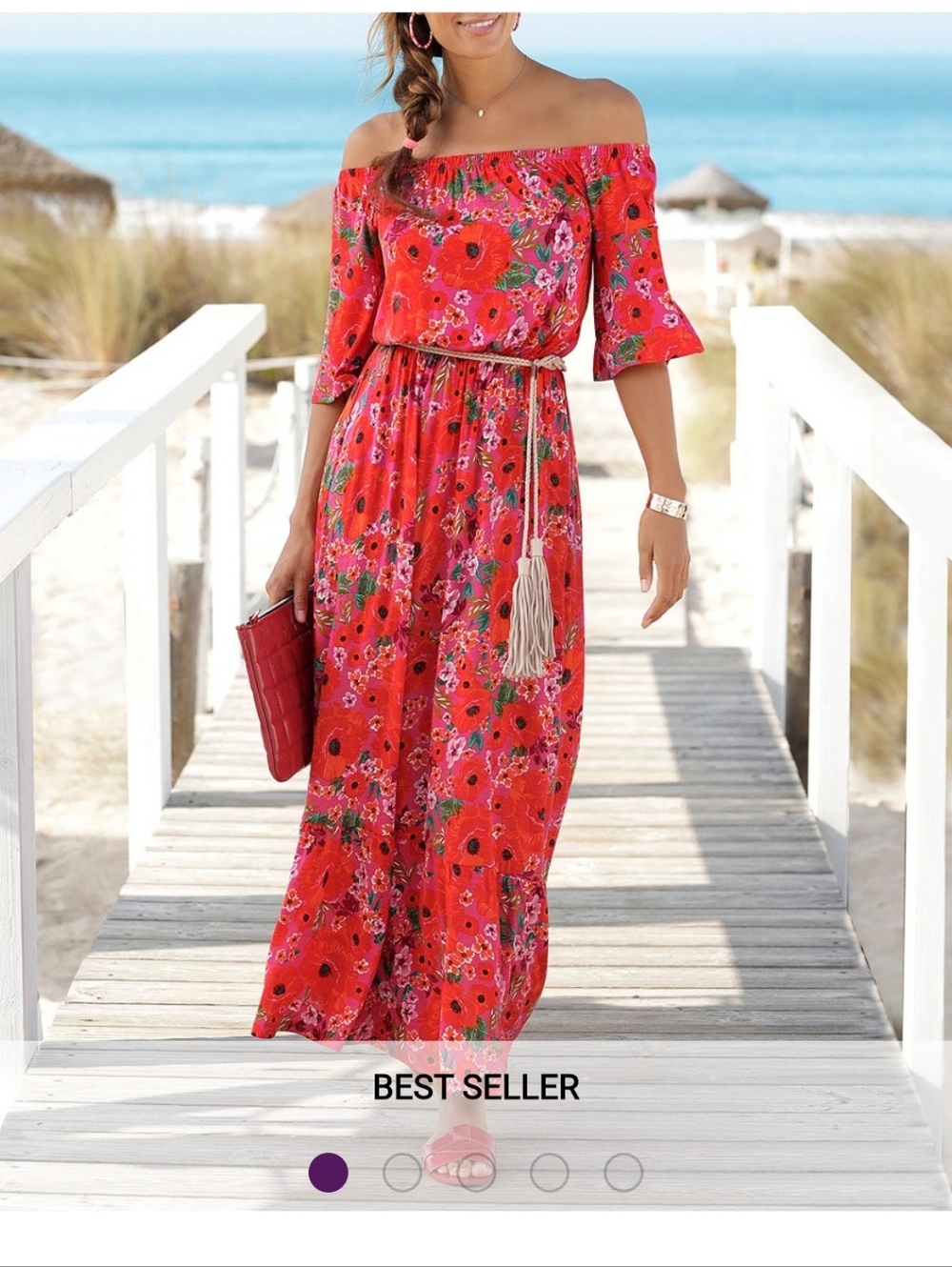 LASCANA Coral Red Floral Off-Shoulder Maxi Dress
